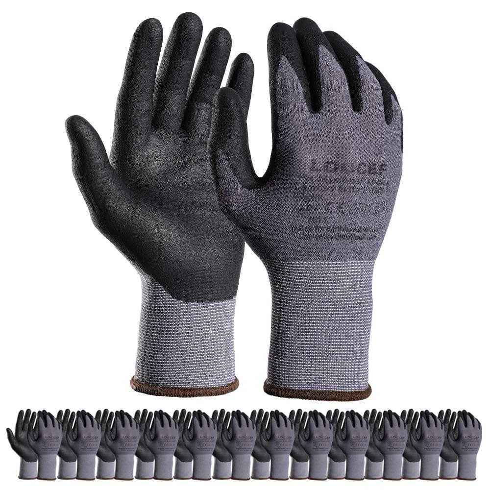 LOCCEF MicroFoam Nitrile-Coated Safety Work Gloves, 12 Pairs, Seamless Knit Knicks